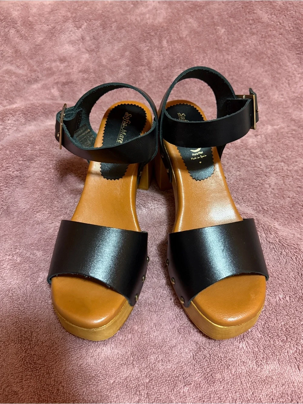 Black Platform Sandals with Wood-Look Block Heel